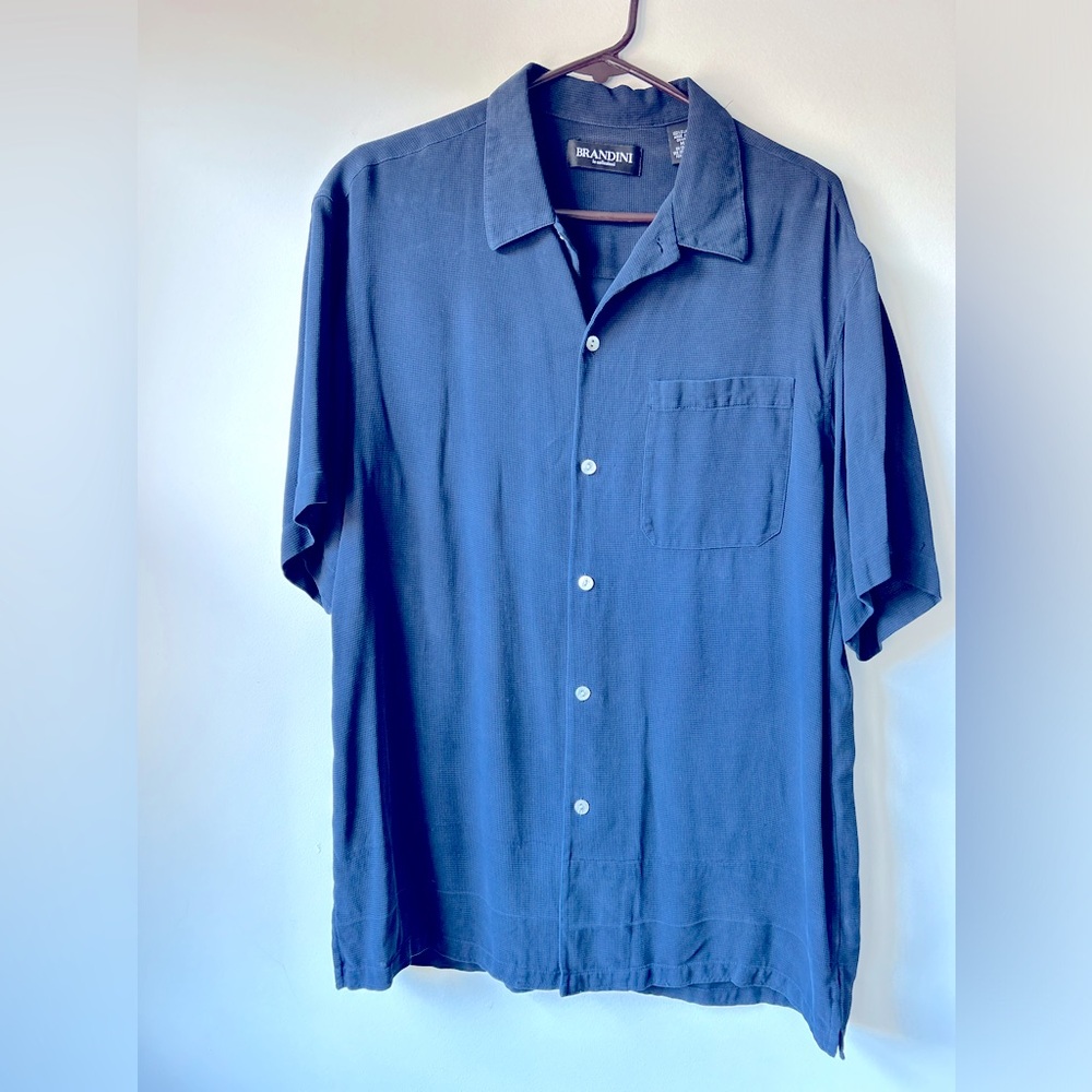 Brandini 100% Silk Button Down Blue Dress Casual Shirt - Size Medium
